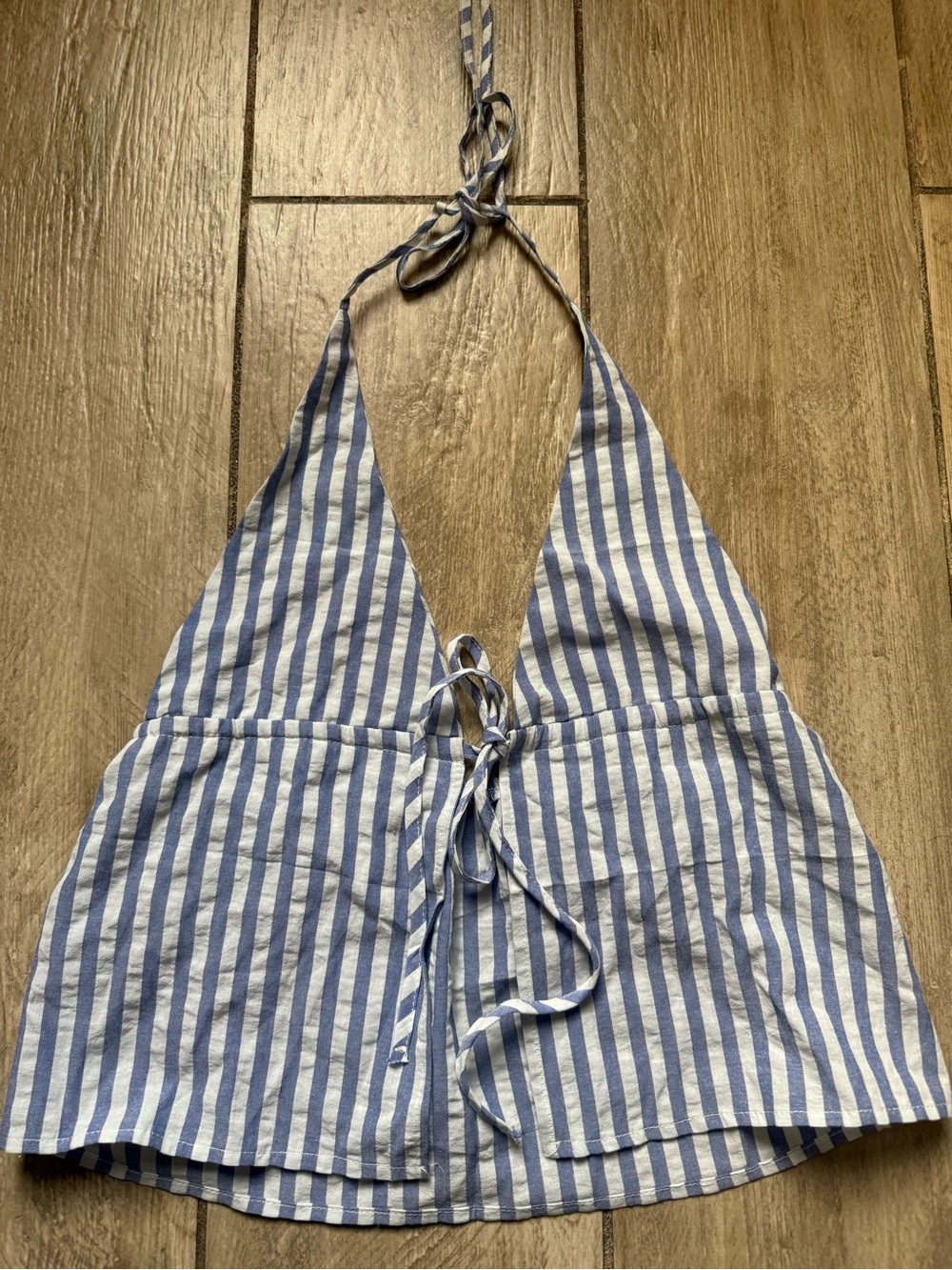 Blue and White Striped Halter Tie-Front Crop Top
